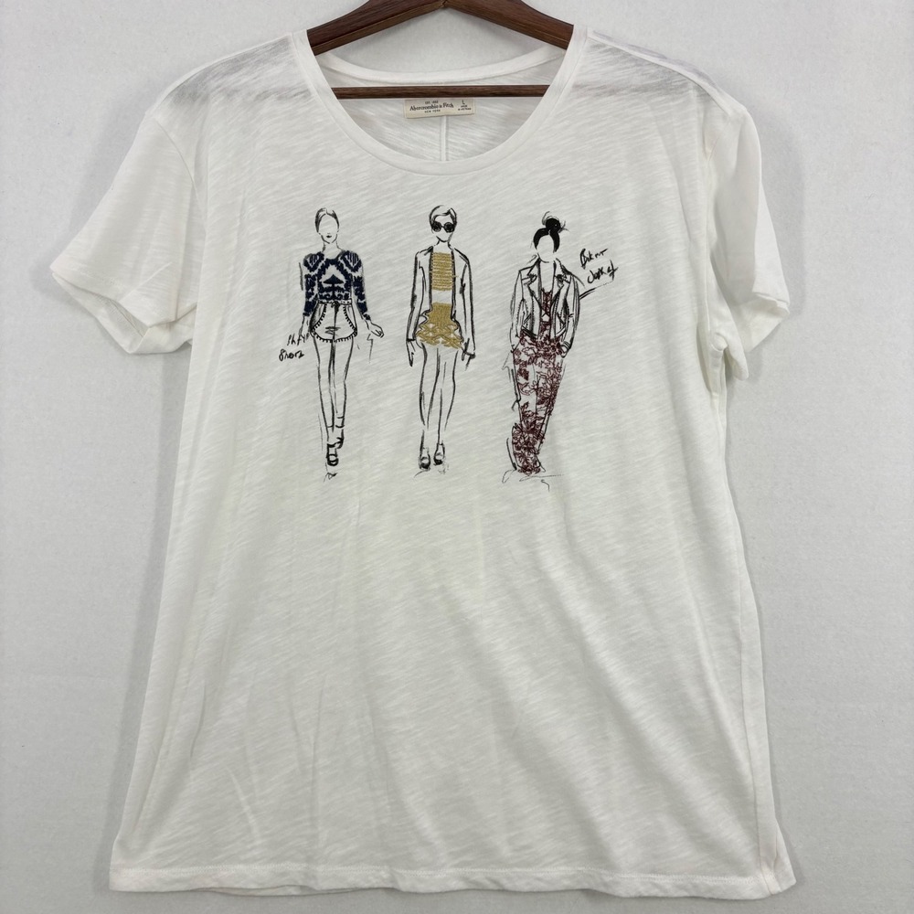 Abercrombie Fitch Women White Graphic T Shirt Sketch Art Embroidered Model Large